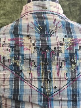 Roar Plaid Button-Down Shirt with Blue, Pink & Gold Embroidery